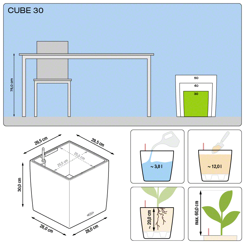 Lechuza CUBE 30 samozavlažovací květináč antracitová kompletní set
