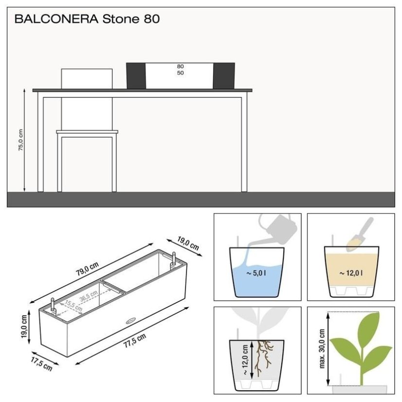 Samozavlažovací truhlík Lechuza BALCONERA STONE 80 šedý kompletní set