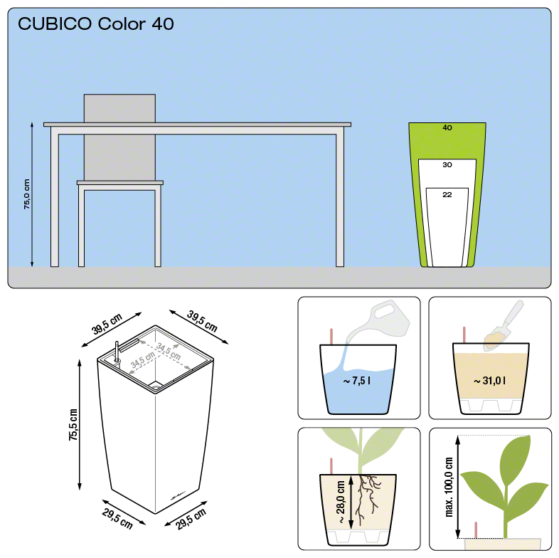 Lechuza CUBICO COLOR 40 samozavlažovací květináč bílá kompletní set