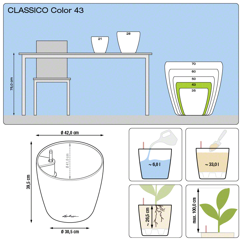 Lechuza CLASSICO COLOR 43 samozavlažovací květináč písková hnědá kompletní set