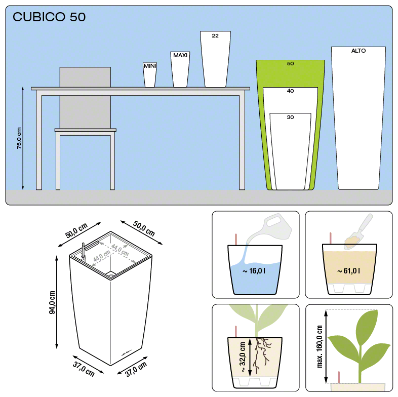 Lechuza CUBICO 50 samozavlažovací květináč espresso kompletní set