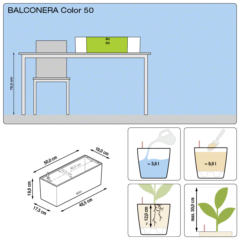 Samozavlažovací truhlík Lechuza BALCONERA COLOR 50 břidlicová kompletní set