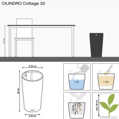 Lechuza CILINDRO Cottage 32 - Samozavlažovací květináč - Grafitově černá - Kompletní set