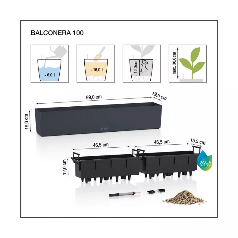 Samozavlažovací truhlík Lechuza BALCONERA STONE 100 šedá kompletní set