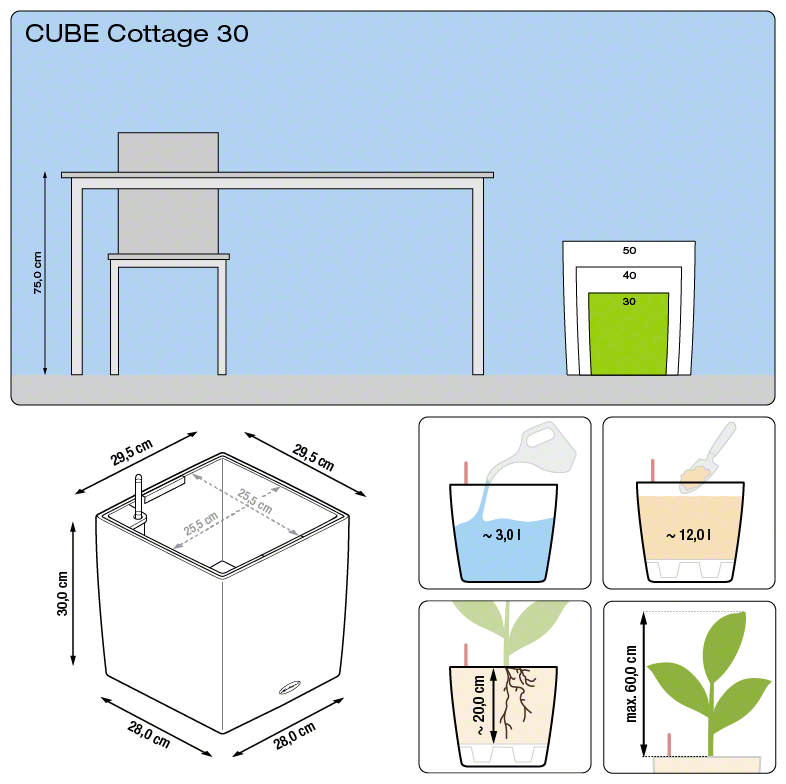 Lechuza CUBE COTTAGE 30 samozavlažovací květináč světlá šedá kompletní set