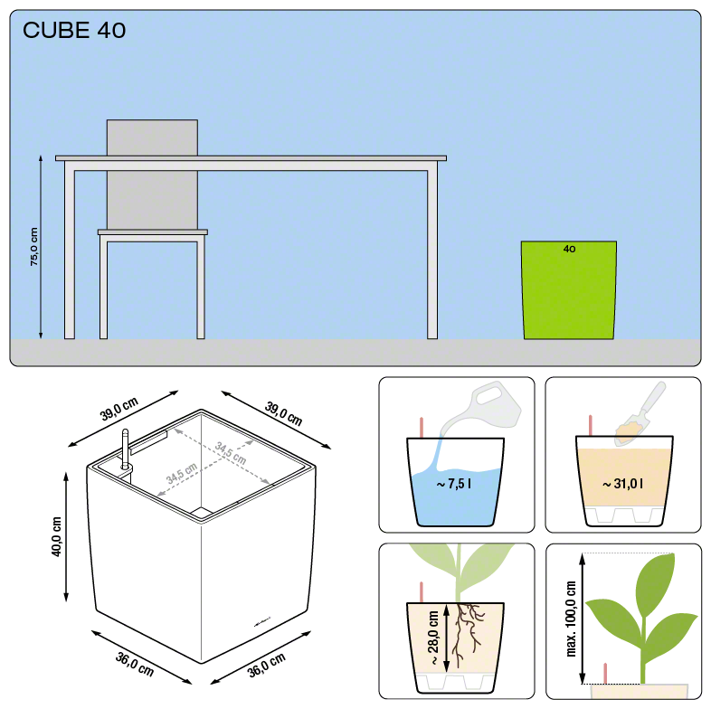 Lechuza CUBE 40 samozavlažovací květináč antracitová kompletní set