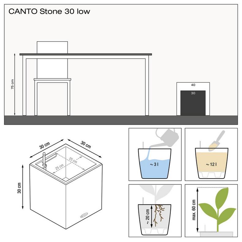 Lechuza CANTO STONE SQUARE 30 samozavlažovací květináč šedá kompletní set