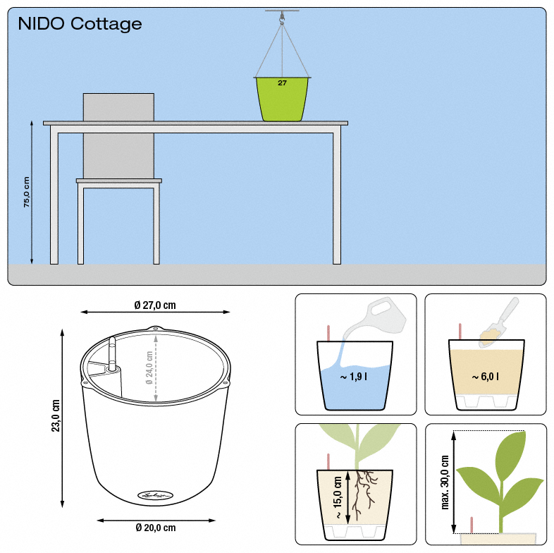 Lechuza NIDO COTTAGE 28 samozavlažovací květináč granitová kompletní set