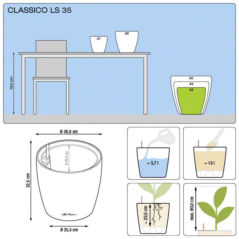 Lechuza CLASSICO LS 35 samozavlažovací květináč světle hnědá kompletní set
