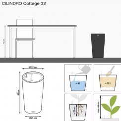 Lechuza CILINDRO Cottage 32 - Samozavlažovací květináč - Grafitově černá- Kompletní set