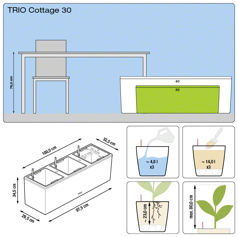 Lechuza TRIO COTTAGE 30 květináč samozavlažovací písková hnědá kompletní set