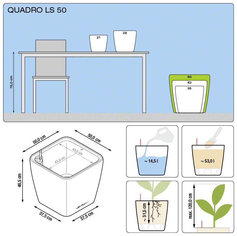 Lechuza QUADRO LS 50 samozavlažovací květináč antracitová kompletní set