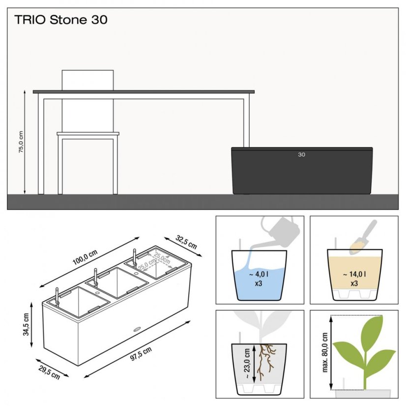 Lechuza TRIO STONE 30 květináč samozavlažovací Šedá kompletní set