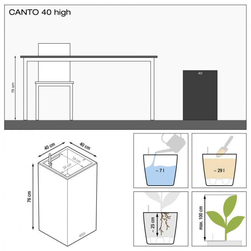 Lechuza CANTO PREMIUM 40 HIGH samozavlažovací květináč Stříbrný kompletní set 4008789136589
