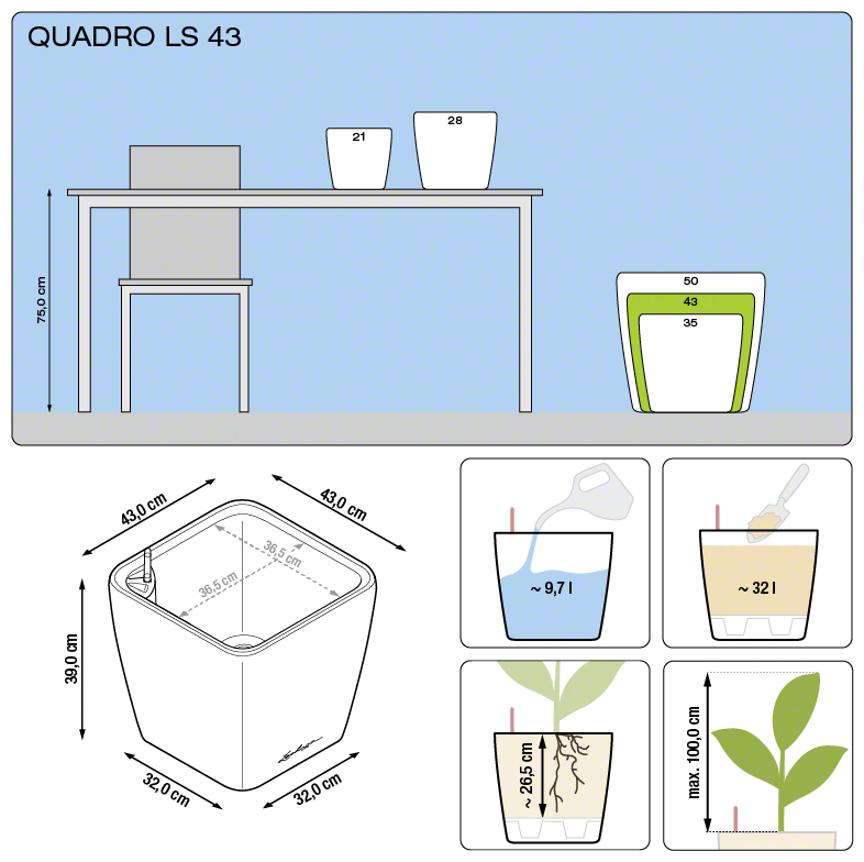 Lechuza QUADRO LS 43 samozavlažovací květináč červená kompletní set