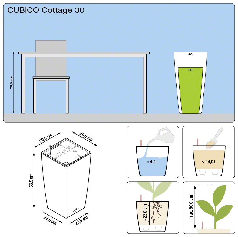 Lechuza CUBICO COTTAGE 30 samozavlažovací květináč šedá kompletní set