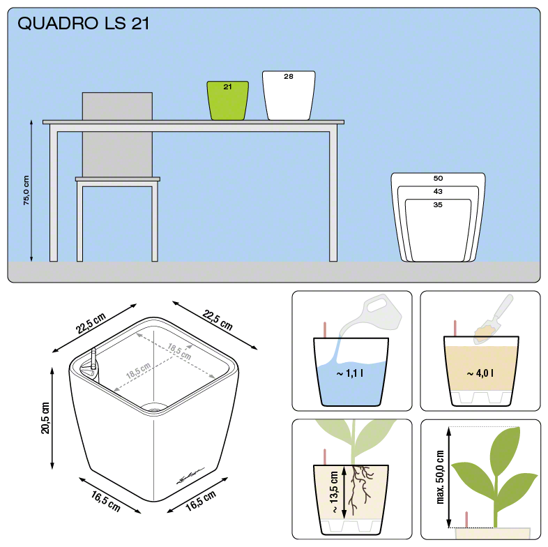Lechuza QUADRO LS 21 samozavlažovací květináč stříbrná kompletní set