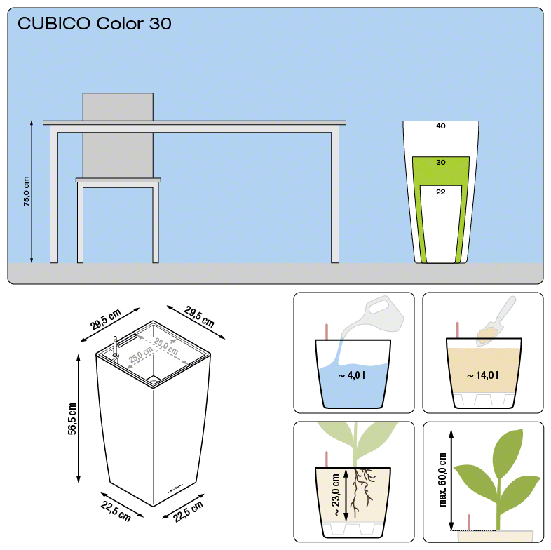 Lechuza CUBICO COLOR 30 samozavlažovací květináč břidlicová kompletní set