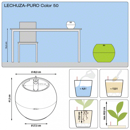 Lechuza PURO Color 50 - Samozavlažovací květináč - Písková hnědá - Kompletní set