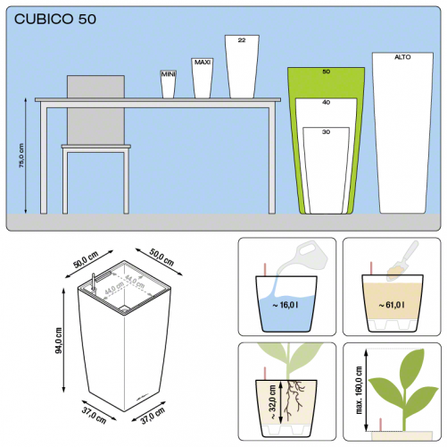 Lechuza CUBICO 50 samozavlažovací květináč stříbrná kompletní set