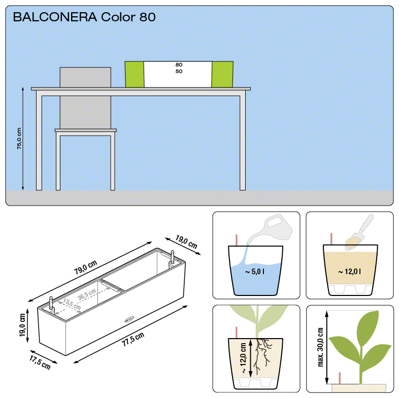 Samozavlažovací truhlík Lechuza BALCONERA COLOR 80 břidlicová kompletní set